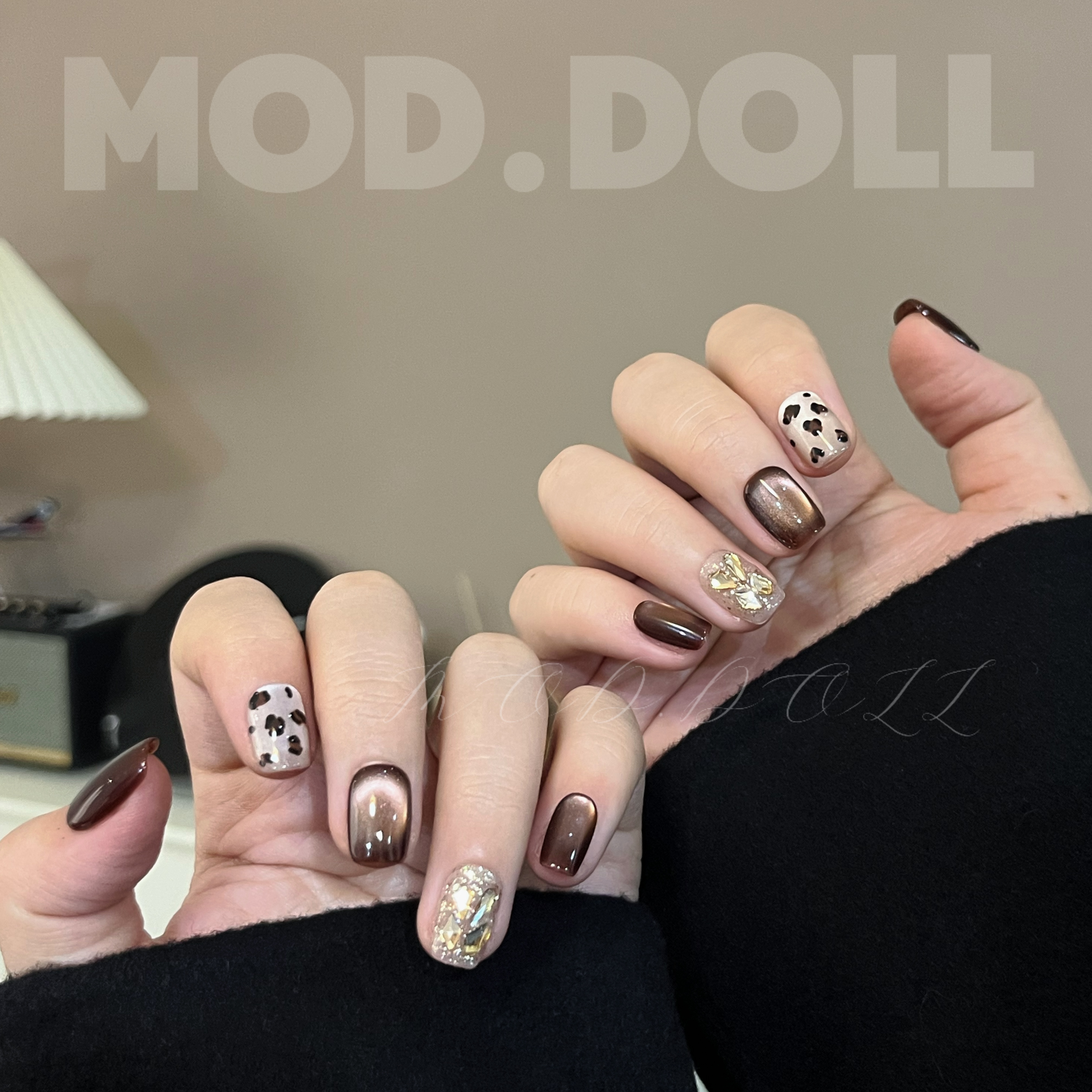 【巧克力豹】秋冬显白巧克力豹纹猫眼纯手工穿戴甲