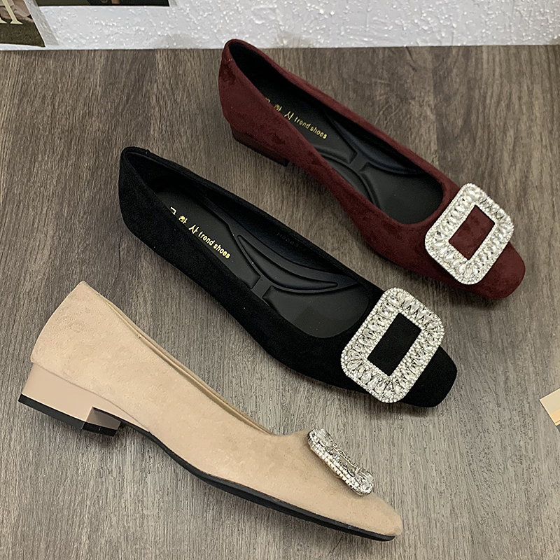 显气质绒面方头单鞋百搭高级感粗跟女鞋新款水钻韩版浅口低跟鞋女