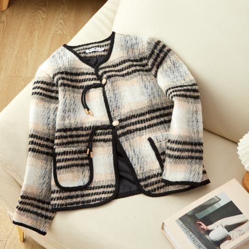 【现货+运费险】小香风格子毛呢厚外套女秋冬洋气小个子上衣开衫037