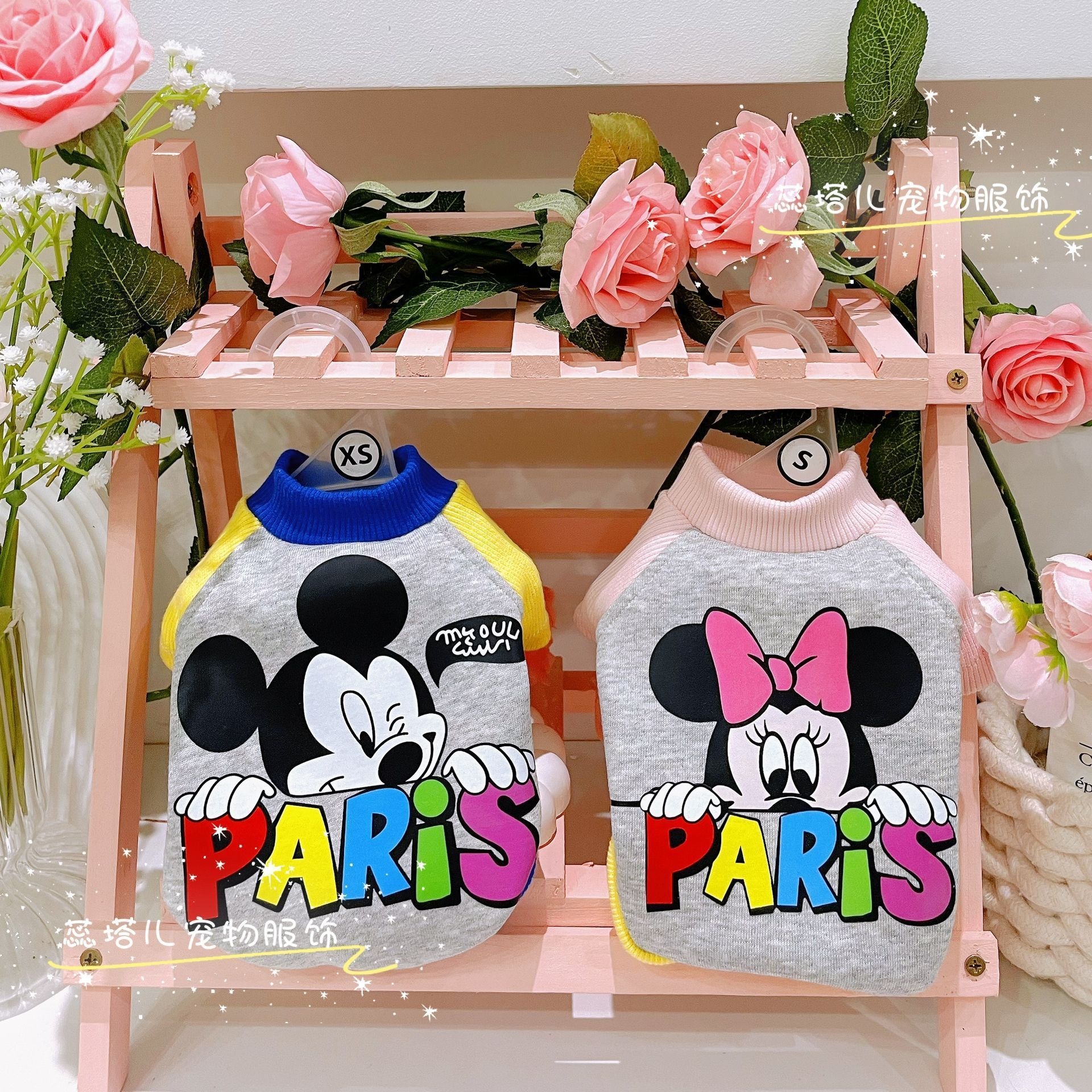 蕊塔儿狗狗加绒卫衣米奇印花撞色秋冬新款加厚保暖手工