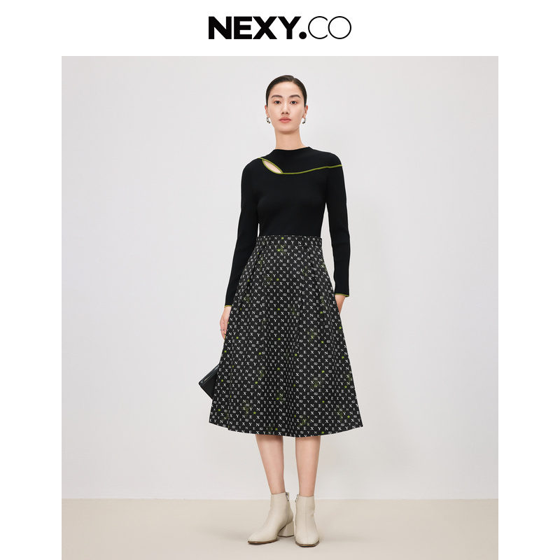 NEXY.CO/奈蔻连衣裙碎花显瘦气质长袖针织印花拼接秋季XF05356W0