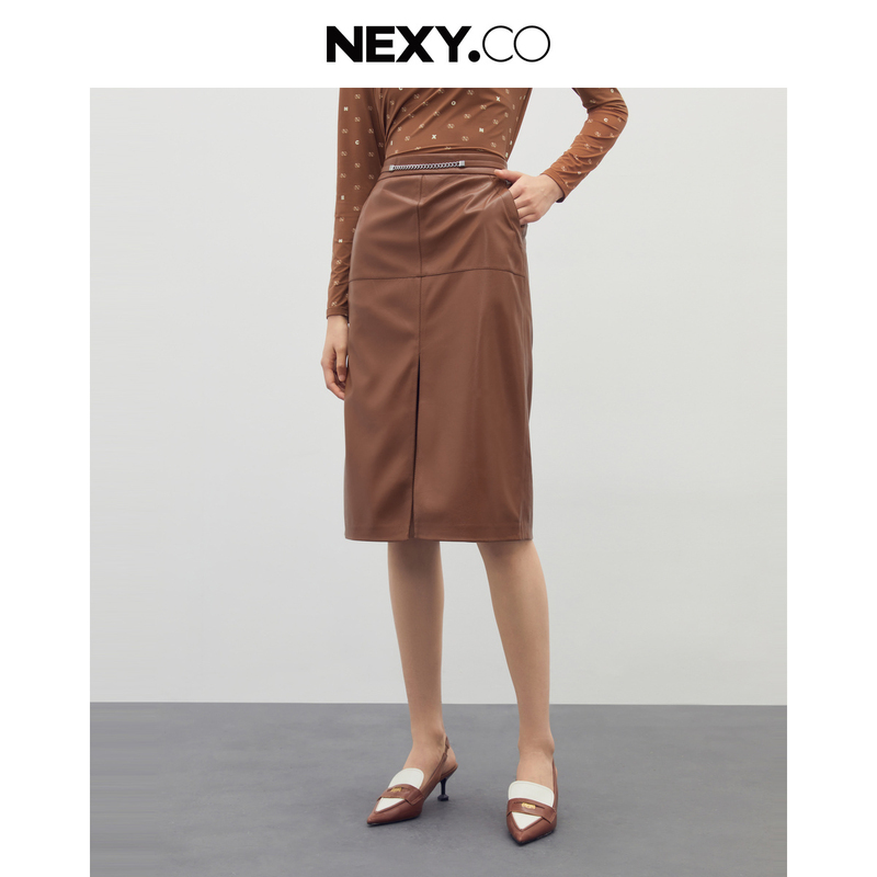 NEXY.CO/奈蔻设计感半裙过膝秋季时尚开叉显瘦复古显瘦XW01348C5