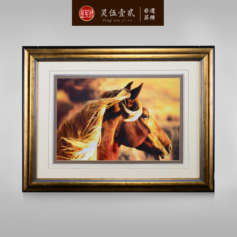 纯手工中式刺绣画苏绣成品挂画走廊客厅玄关过道装饰画汗血宝马
