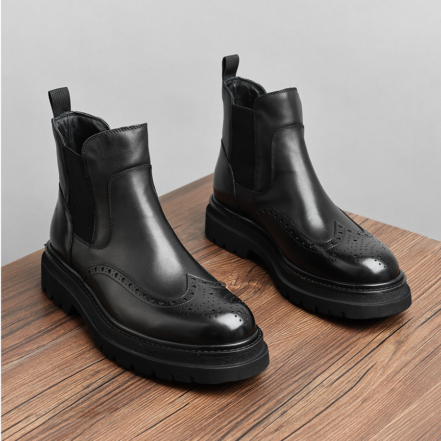 切尔西靴男短靴秋冬款布洛克真皮商务休闲圆头英伦风靴子厚底增高