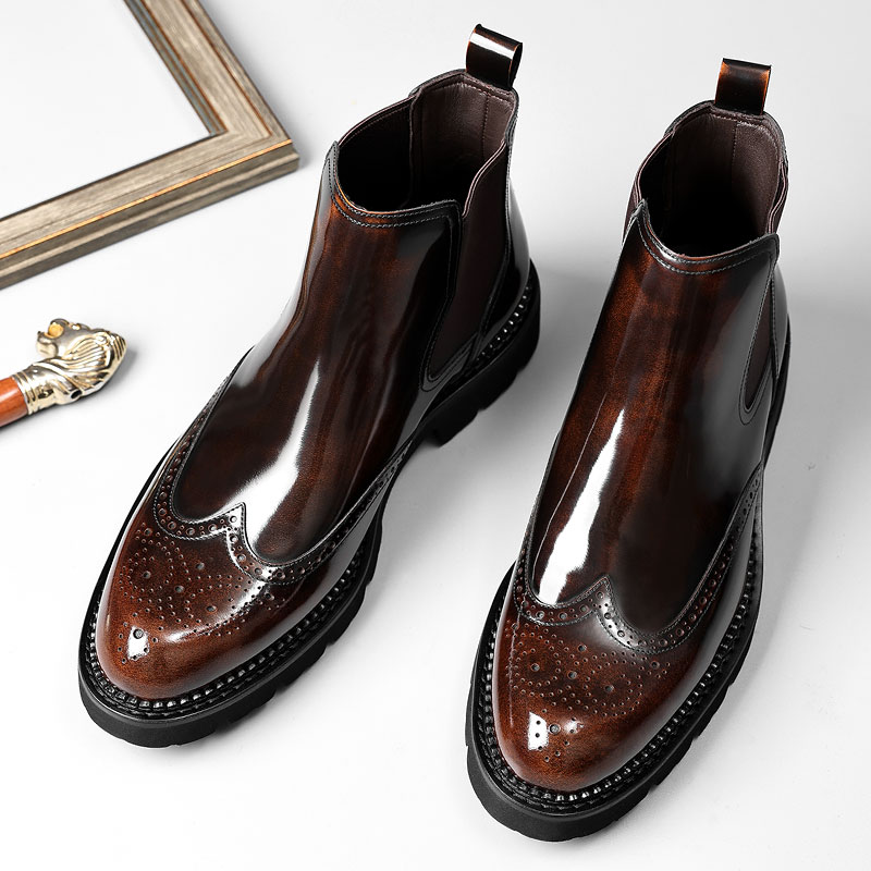 英伦风复古短靴真皮商务休闲切尔西靴布洛克雕花厚底男靴百搭皮靴