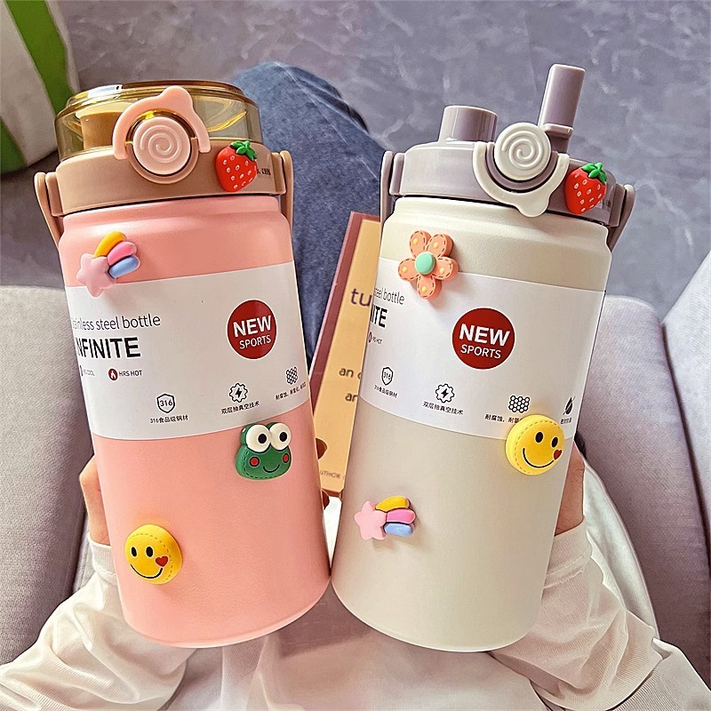 双饮大容量保温杯女生网红高颜值吸管水杯便携316不锈钢杯子男