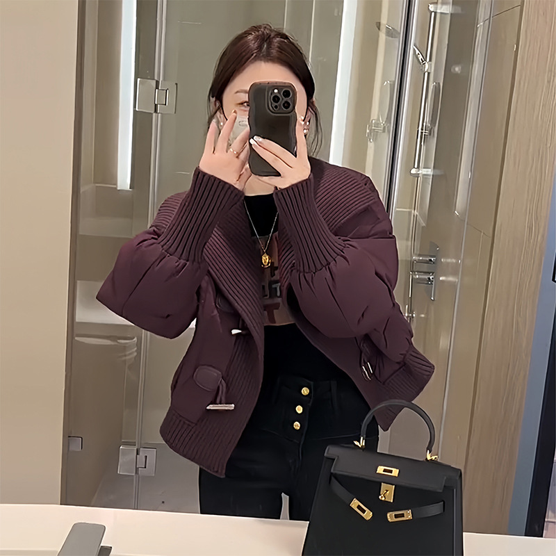 针织拼接大翻领羽绒服女2023冬新款洋气高级感小香风保暖外套