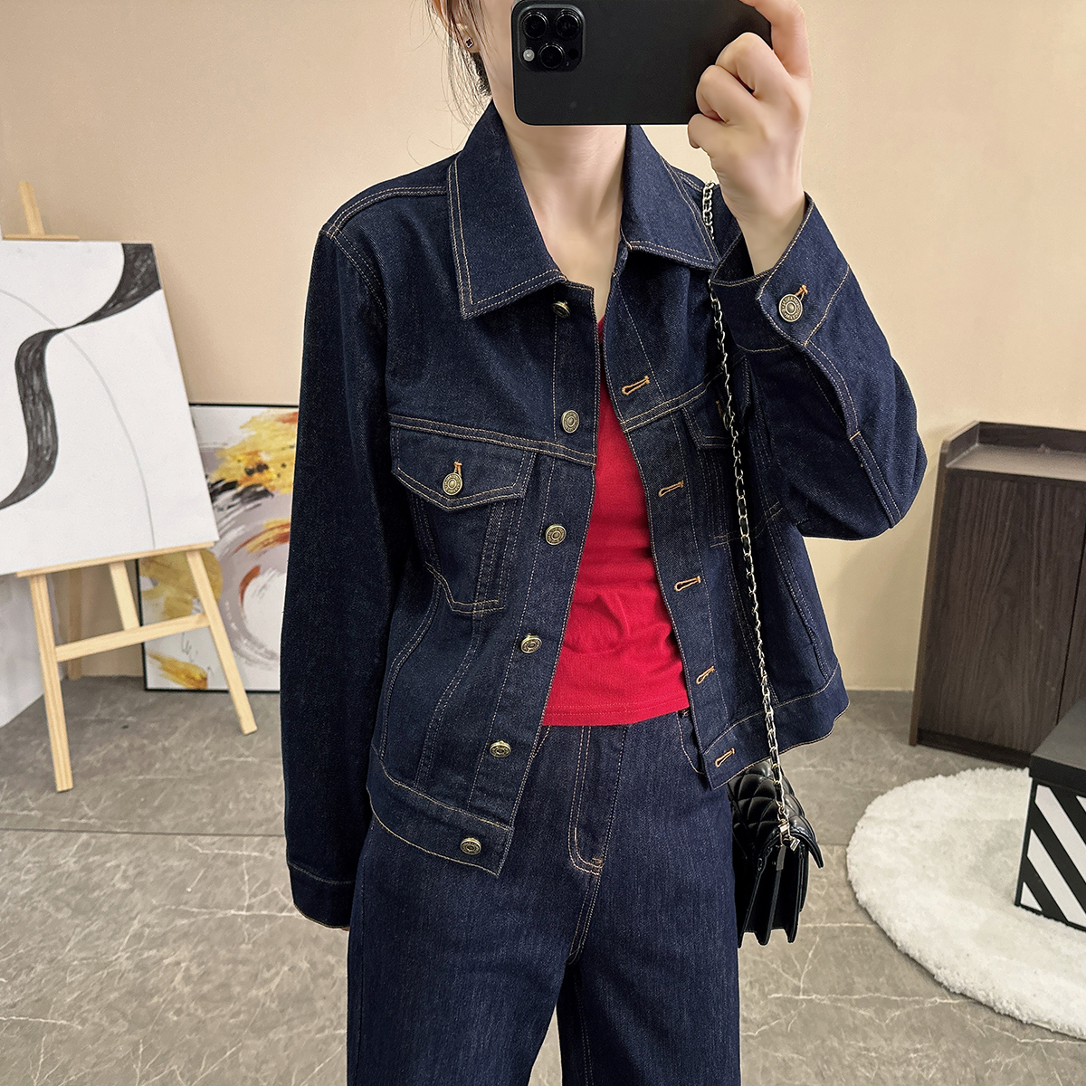 【不掉色】牛仔短外套女春秋复古工装小个子丹宁色深蓝宽松夹克上衣
