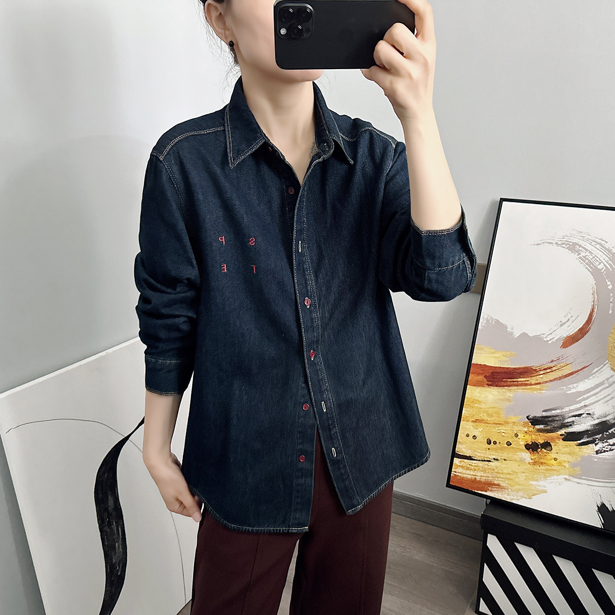 【加厚磨毛款】高端刺绣牛仔衬衫女秋冬外穿打底休闲防卷边下摆衬衣