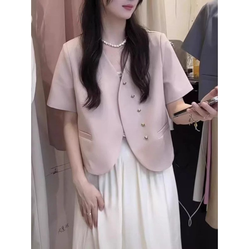 小香风粉色短袖西装外套女夏季大码显瘦吊带连衣裙盐系穿搭一整套