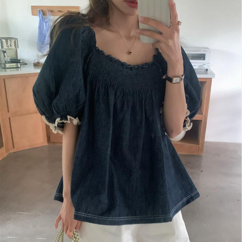大码胖mm方领泡泡袖牛仔衬衫女夏季高级感小众减龄遮肚显瘦短上衣