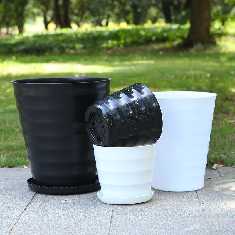 螺纹大花盆仿瓷大号绿萝发财树高筒圆形螺纹黑白色简约塑料树脂盆