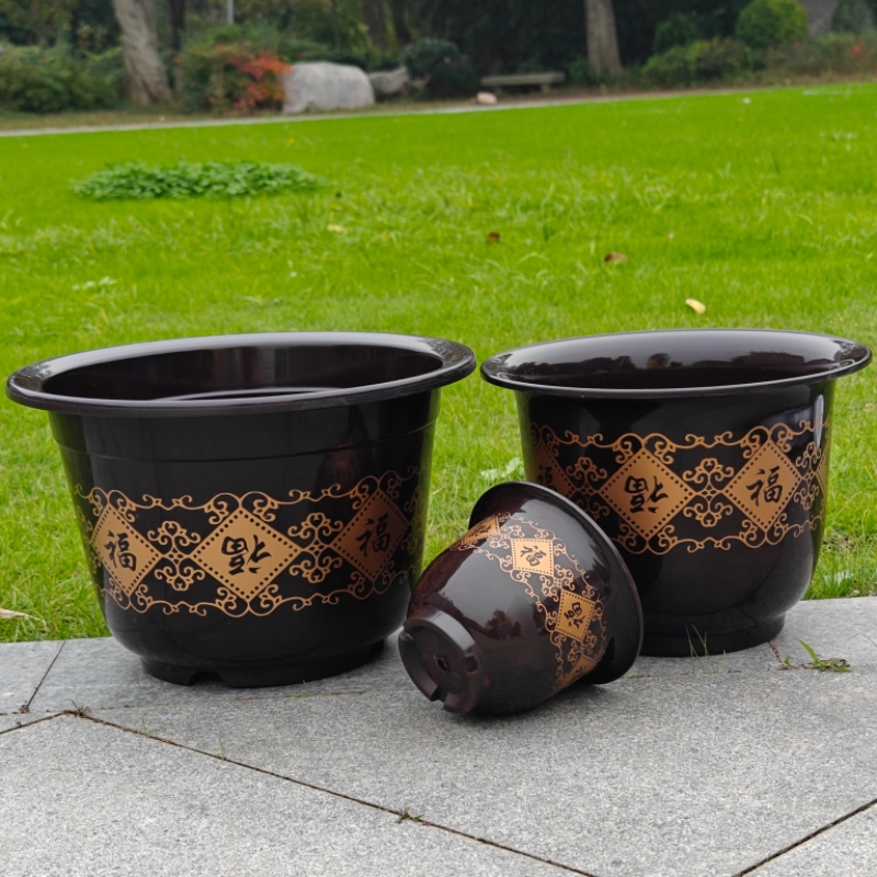 黑福花盆加厚耐用简约国风印花环保绿植花卉盆栽室内桌面树脂盆