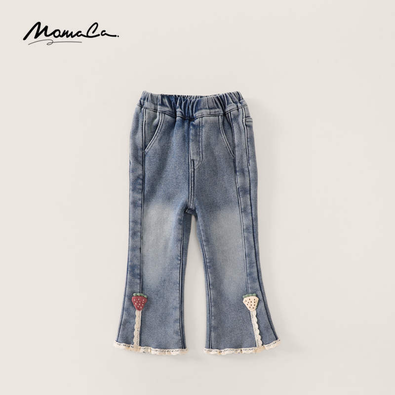 MOMOCO冬季新款女童甜美花边加绒牛仔裤75830350022