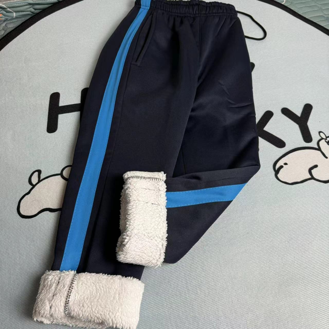 男女藏蓝色校裤冬季加绒羊羔绒加厚中小学生校服保暖裤子宽蓝杠