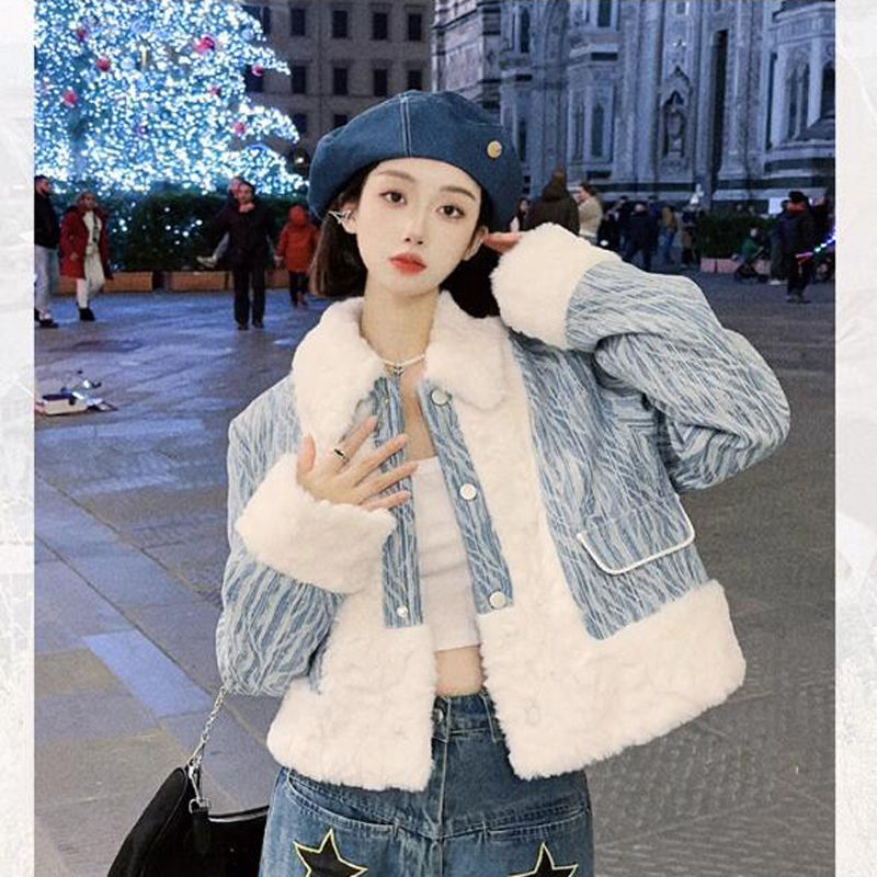 法式复古蓝色小香风绒拼接毛毛外套女秋冬加棉机车服短外套