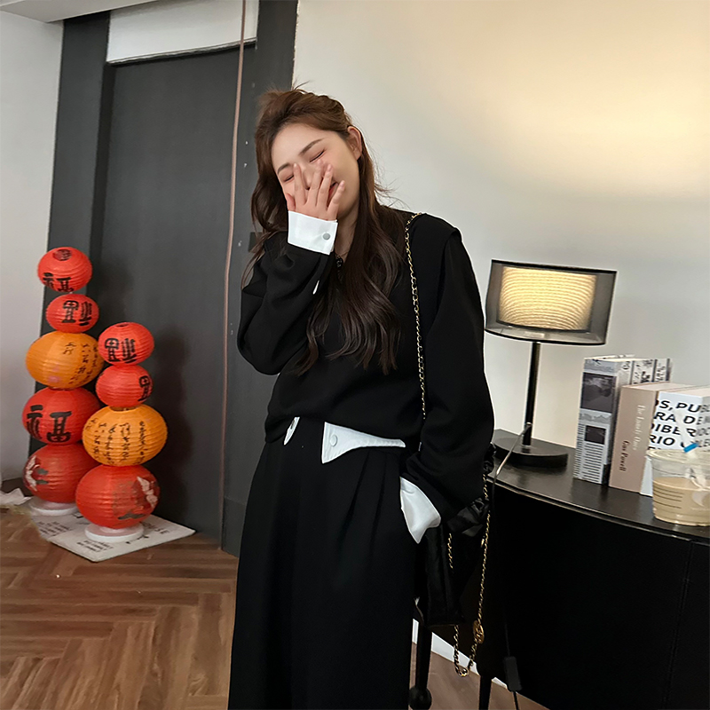 楠序源子微胖女装 2025秋季黑色显瘦套装两件套女YZ30002