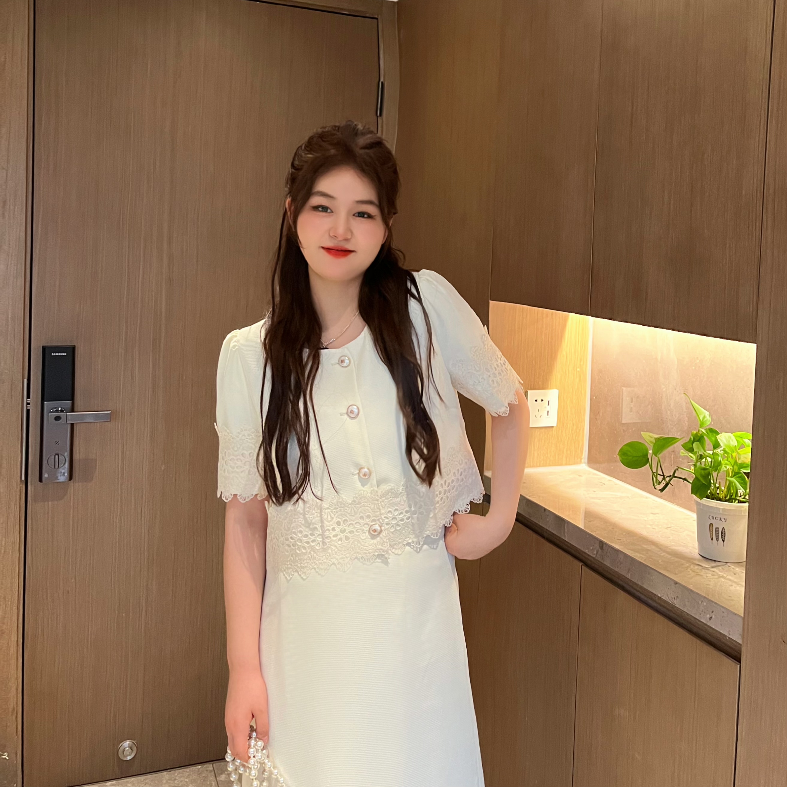 楠序源子遮肚子显瘦夏季大码小香风套装裙子两件套YZ7973