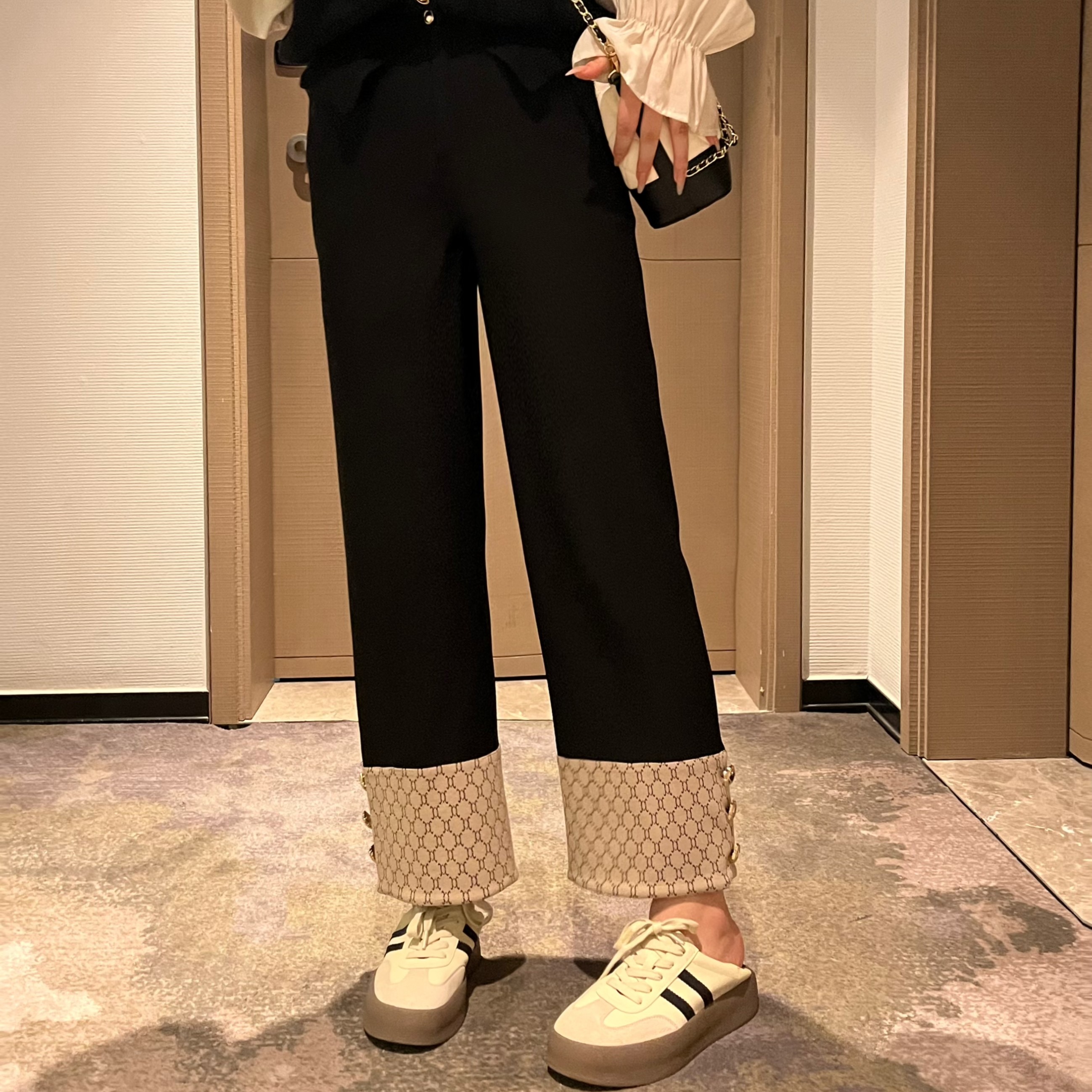 楠序源子大码女装 显瘦窄版直筒裤黑色黑色休闲裤女YZ10227