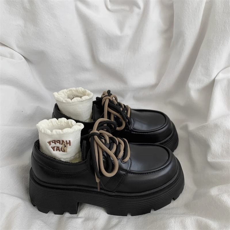 黑色小个子厚底增高系带小皮鞋女2023年春秋季新款百搭复古英伦风