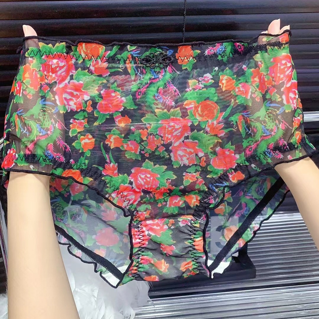 林梦雪印花东北大花碎花三角棉内裤胖妹妹高弹透气网纱中国风底裤