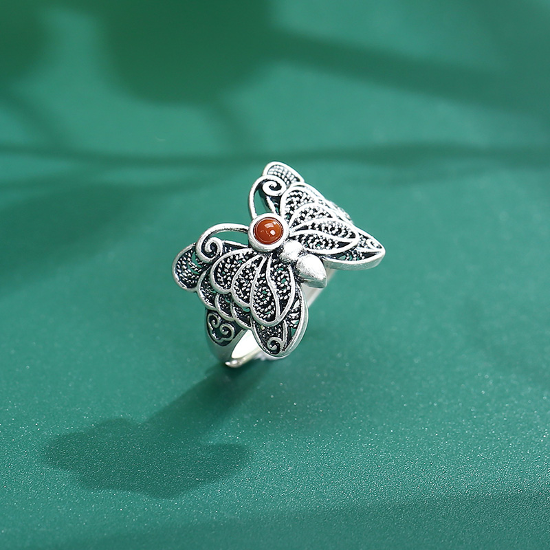 【老银坊】s925银玛瑙精工花丝蝴蝶单戒 0031527