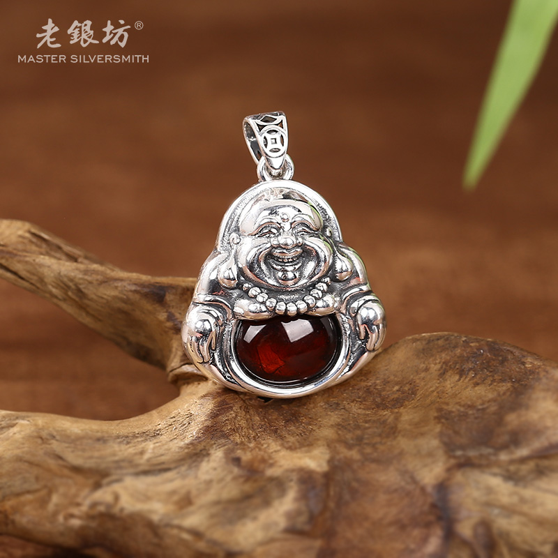 【老银坊】足银999血珀莲花弥勒佛吊坠 00232264