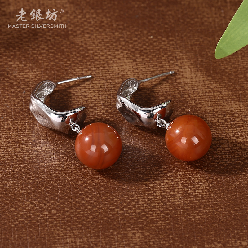 【老银坊】s925银光面异形南红珠珠耳钉 0011653