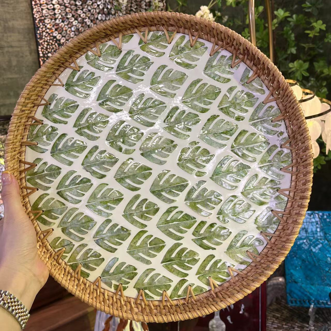 T买一送一纯植物手工编织大家大业海藻藤编圆盘收纳盘托盘