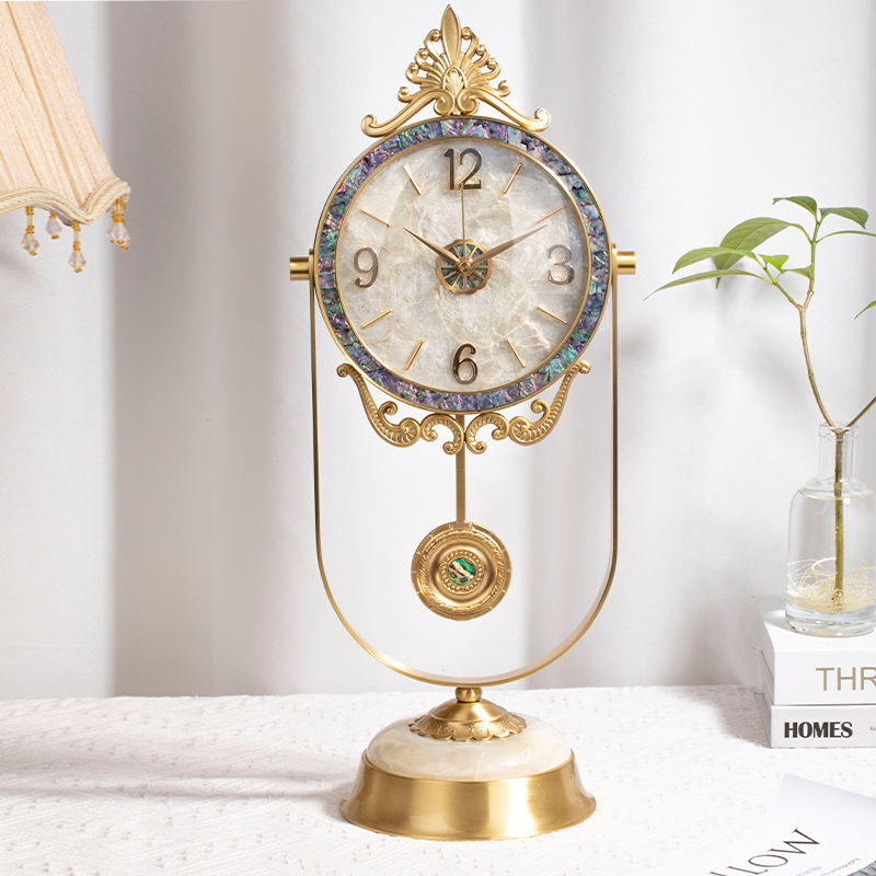 T黄铜艺术贝壳镶嵌摆钟摆件