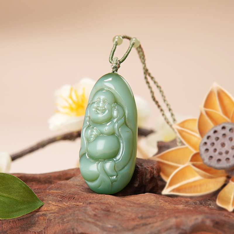 和田玉碧玉猫眼 粉青 无矿点   精工厚装典藏大肚弥勒佛挂件00242