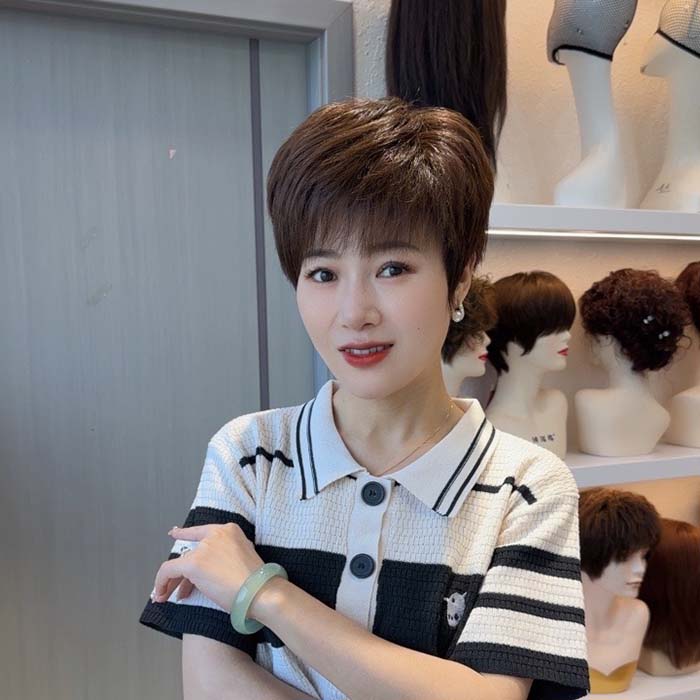 Shinuoge/新款全真发手工钩织遮白发气质减龄纹理烫女士假发套
