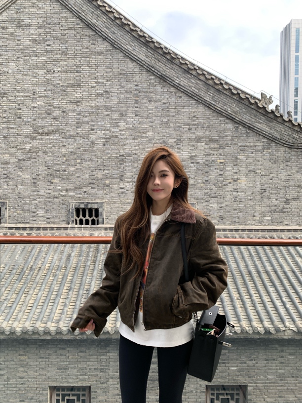 obaa 美拉德秋冬做旧翻领复古加绒夹克高腰短外套