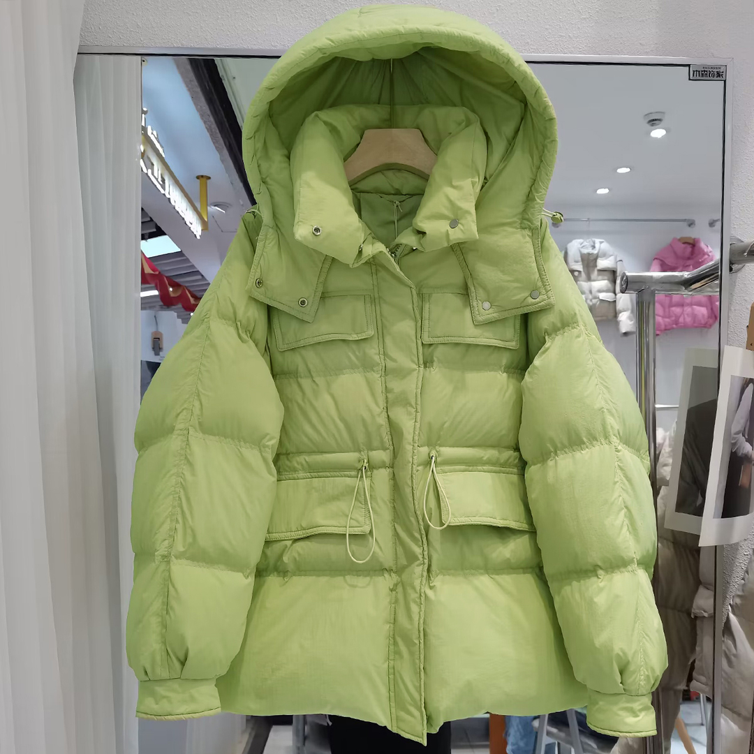 2023冬装反季新款多巴胺羽绒服女韩版短款连帽加厚收腰白鸭
