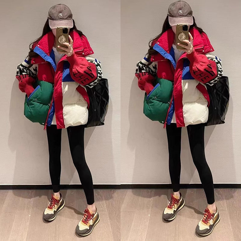 撞色拼接针织袖洋气羽绒服女欧洲站2023冬新款欧货设计感加厚外套