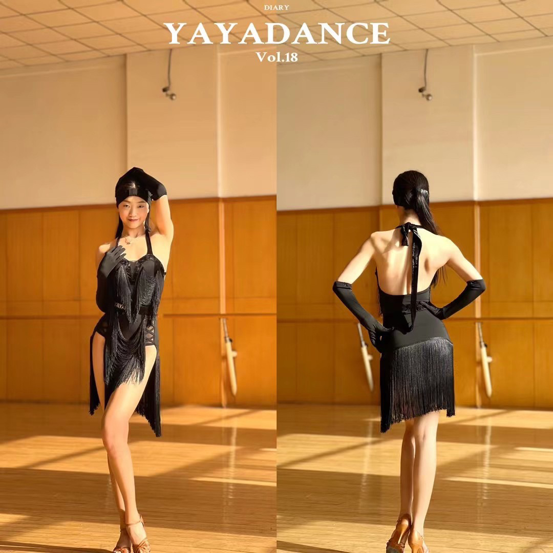 YADANCE黑色舞服拉丁舞表演服 丝绒拼接水晶棉流苏款连衣裙班服