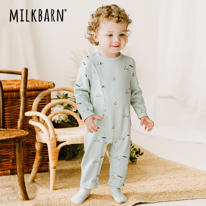 Milkbarn秋季新品婴儿长袖连体服宝宝包脚衣服新生儿哈衣爬服