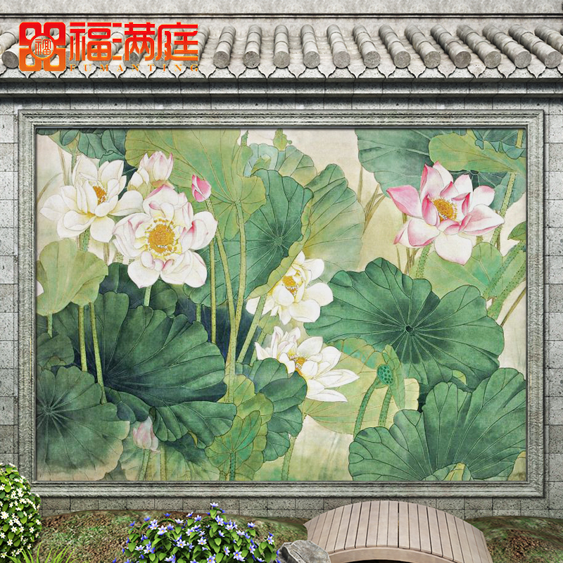 农村大门入户瓷砖迎门墙照壁墙迎门墙莲花庭院岩板全瓷荷花小院