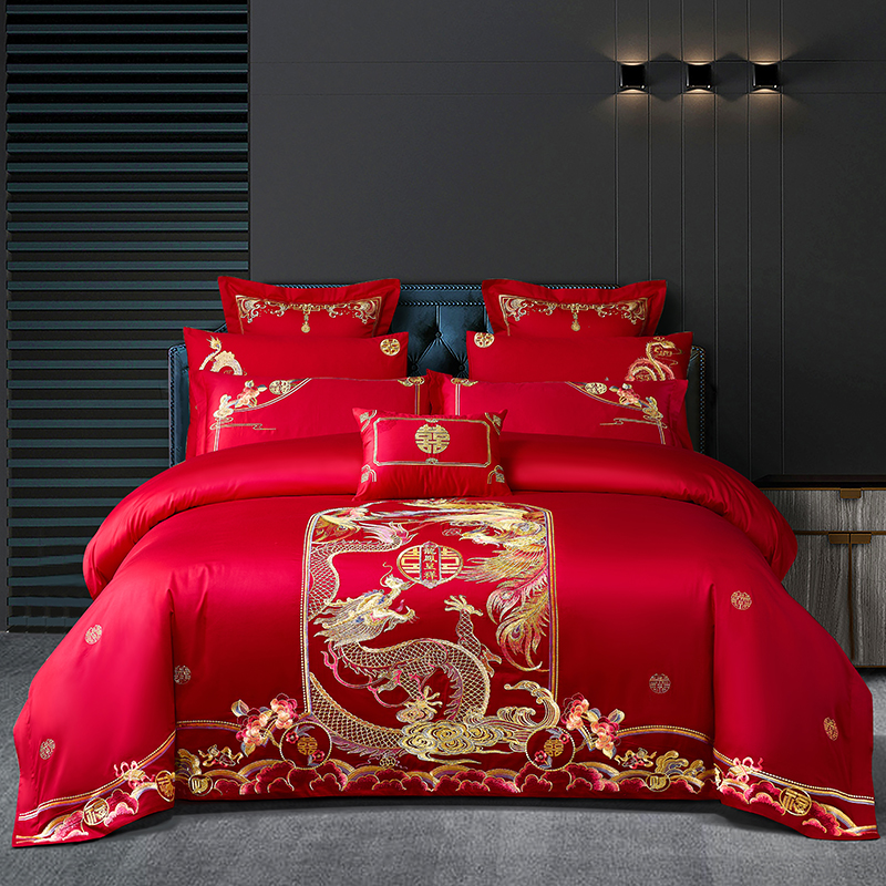 【婚房喜庆】中式结婚大红色婚庆款纯棉高支高密重工绣花四件套