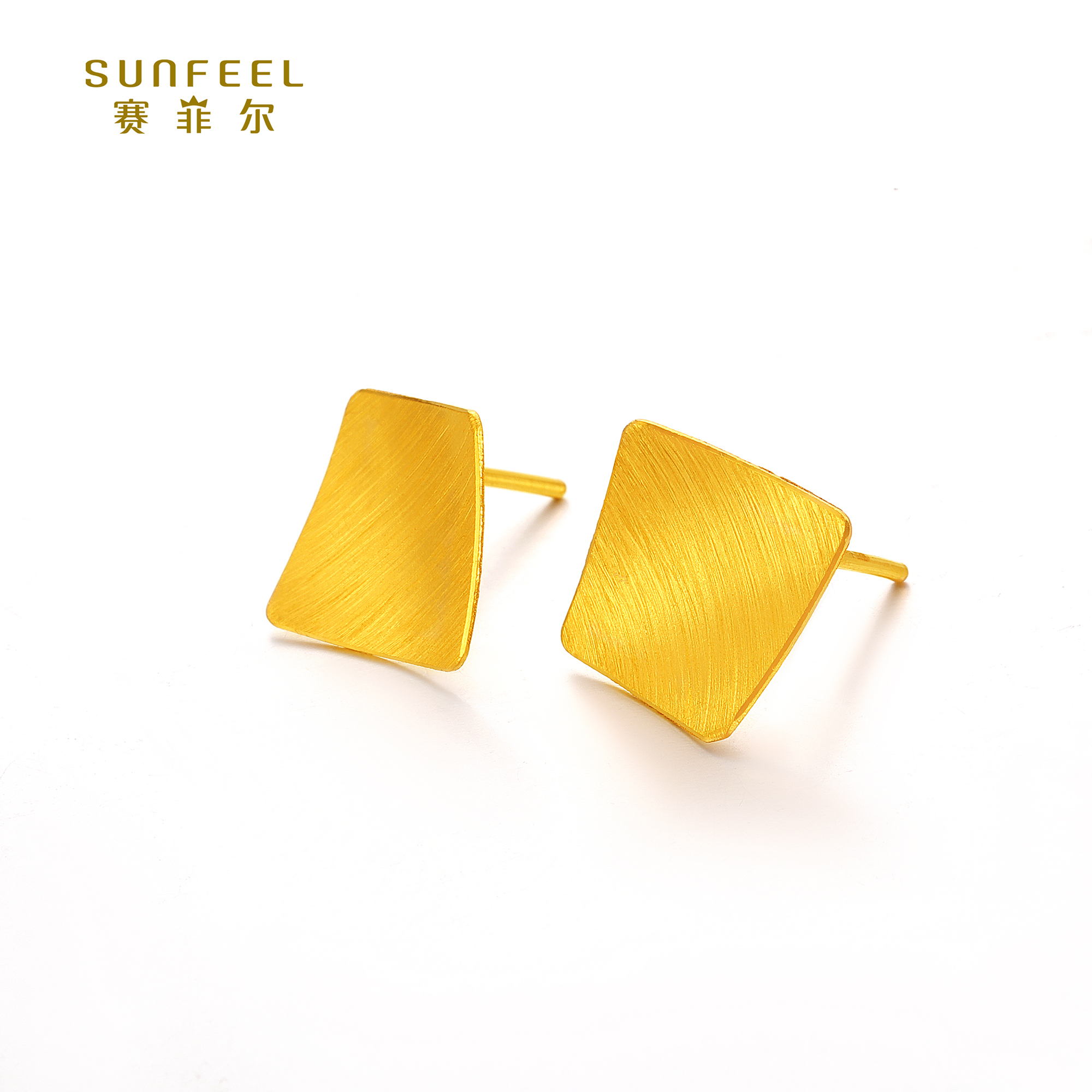 SUNFEEL/赛菲尔【十店】足金冲剪方形直针耳钉HR010079