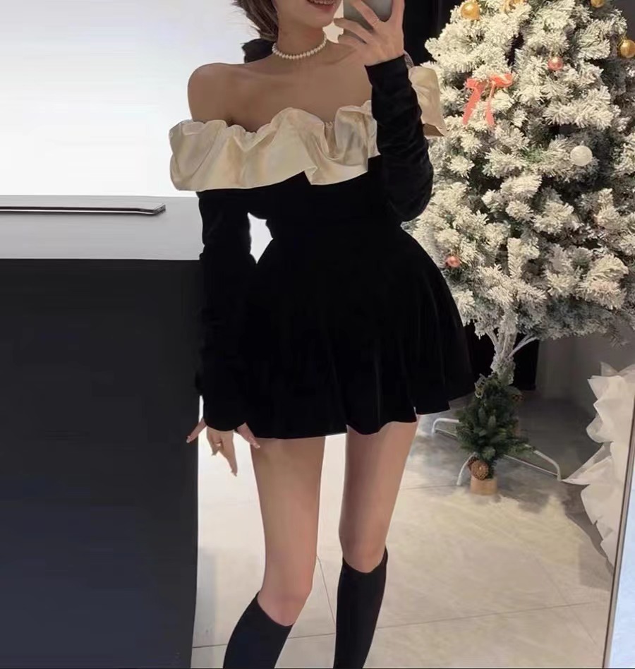 秋冬纯欲撞色荷叶边一字肩长袖丝绒上衣