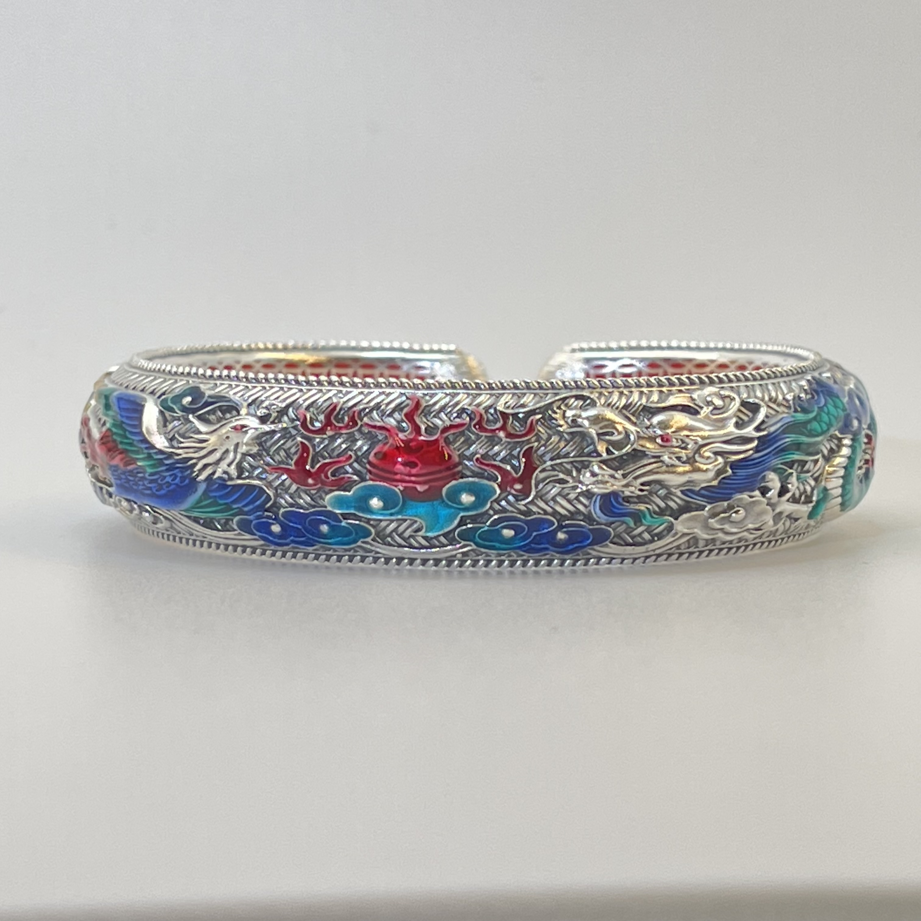 足银手镯 足银珐琅手镯 珐琅龙凤呈祥马蹄手镯实心传承古法精美