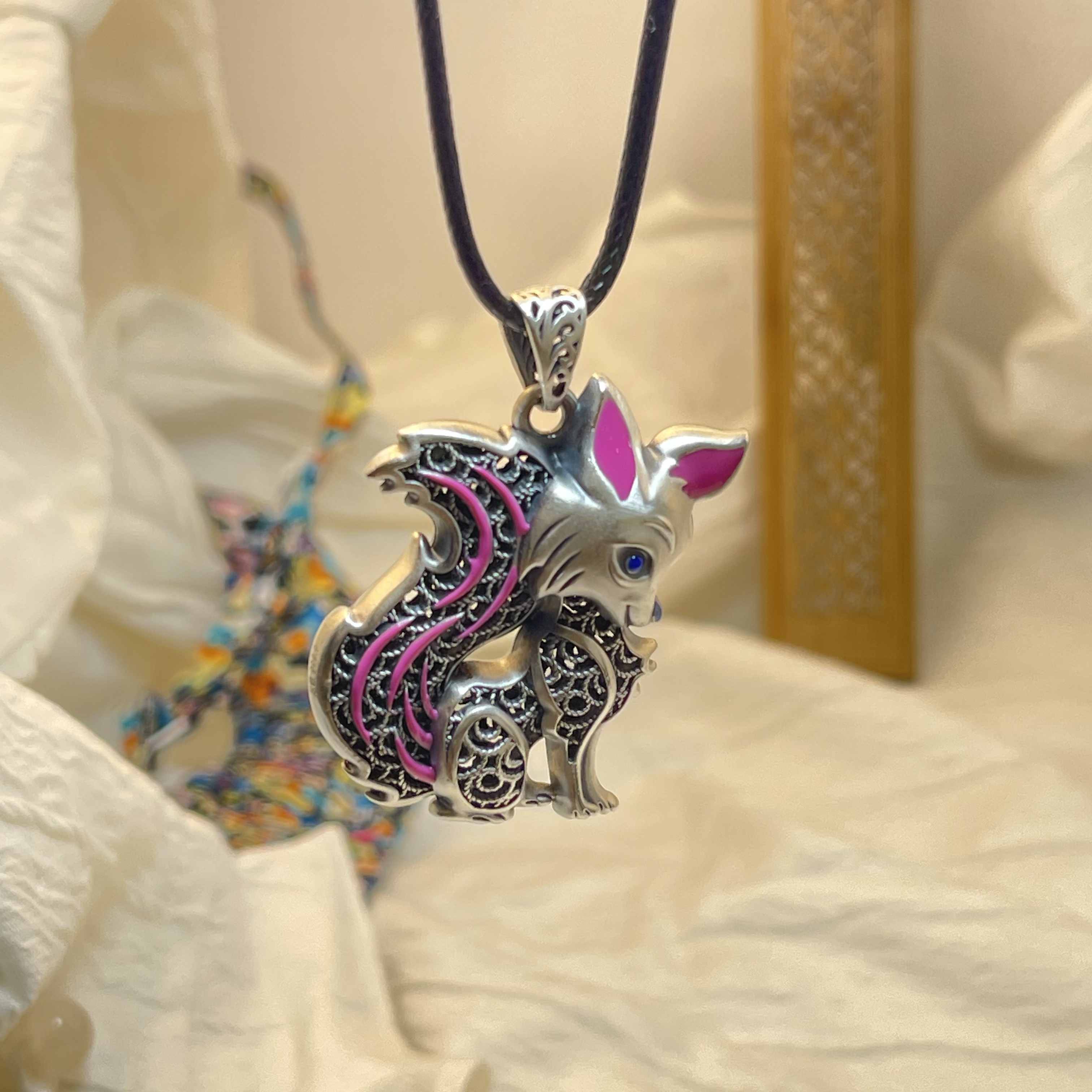 吊坠足银珐琅 足银999.9手工民族风烧蓝狐狸凤九足银吊坠（含皮绳）