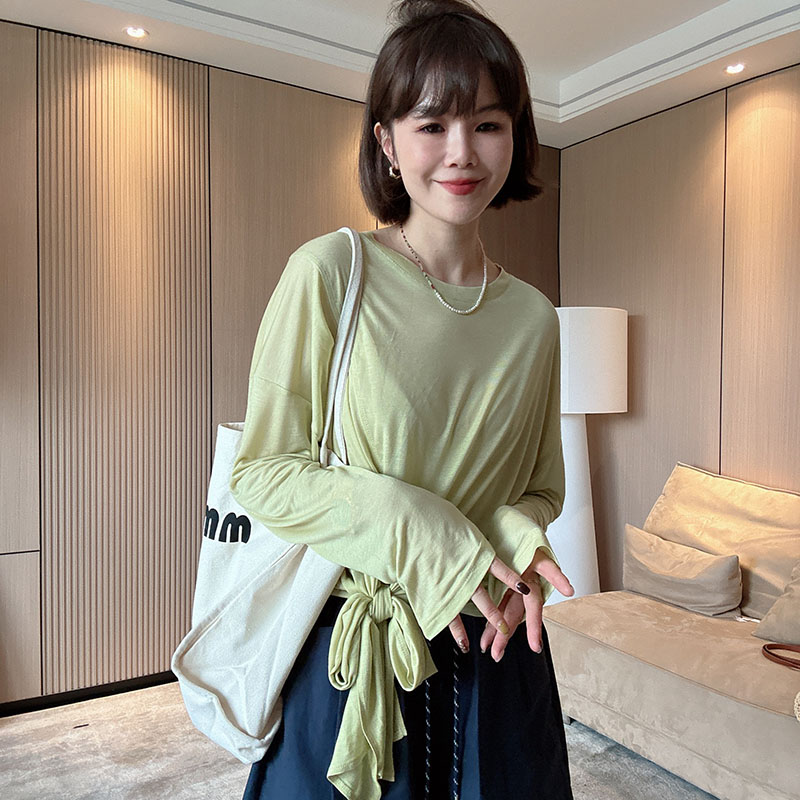 咔呐咪~夏季时尚不规则设计感圆领宽松系带长袖防嗮T恤