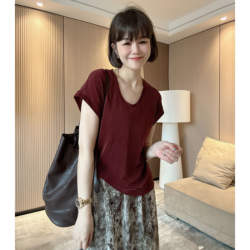 纯色U领夏季简约宽松显瘦醋酸短袖T恤