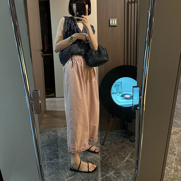 咔呐咪夏季韩系糖果色松紧腰木耳边九分裤休闲裤