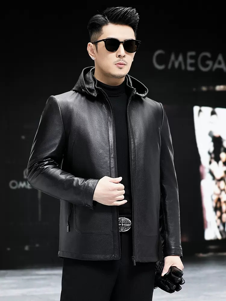 【连帽可拆】海宁男士真皮皮衣头层小牛皮鹅绒内胆加绒修身商务保暖