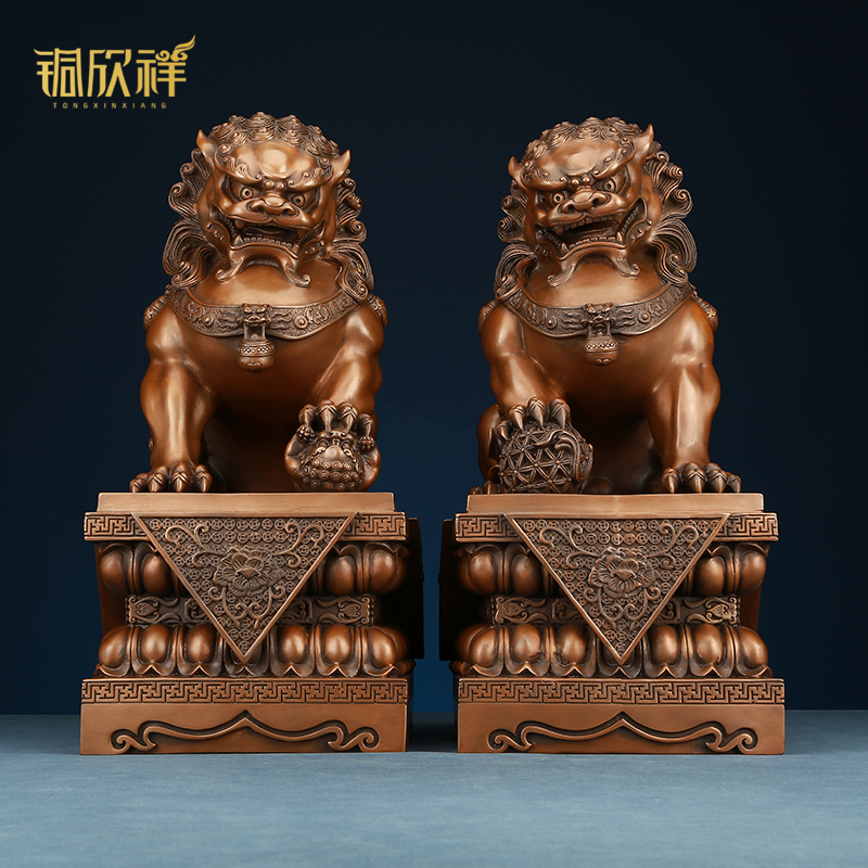 铜欣祥《紫铜宫门狮》家居玄关装饰品新中式办公室工艺品礼品摆件