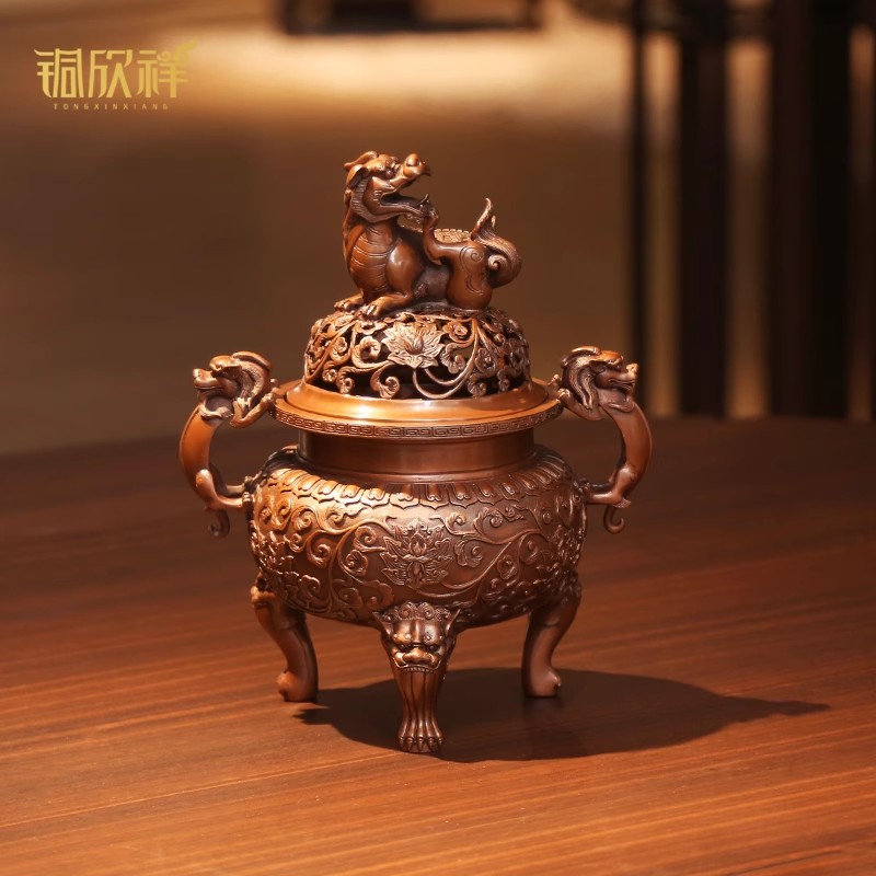 铜欣祥紫铜《大明狮子炉》家居客厅茶室香薰炉送礼工艺品摆件