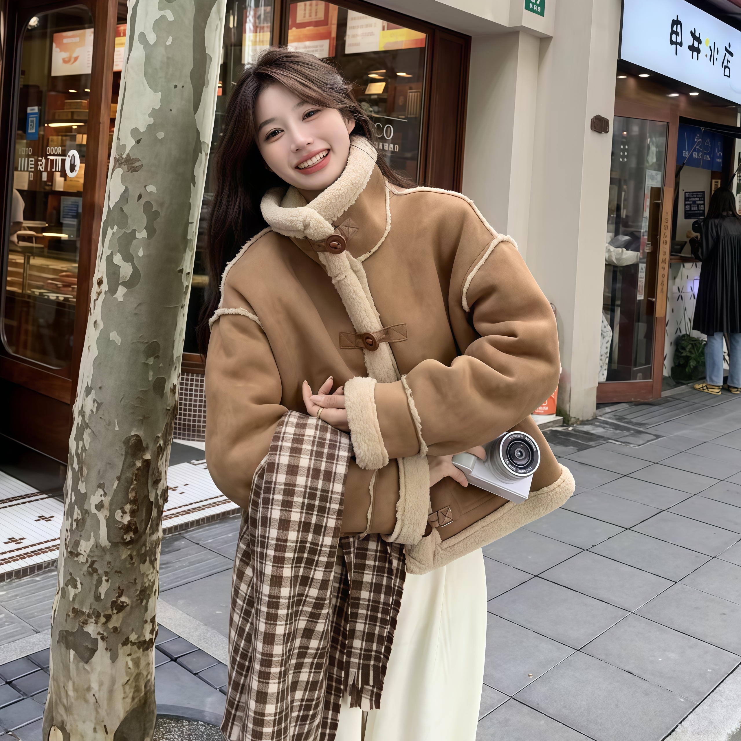 皮毛一体加绒外套女小个子2024年冬季新款韩系立领常规款复古加厚